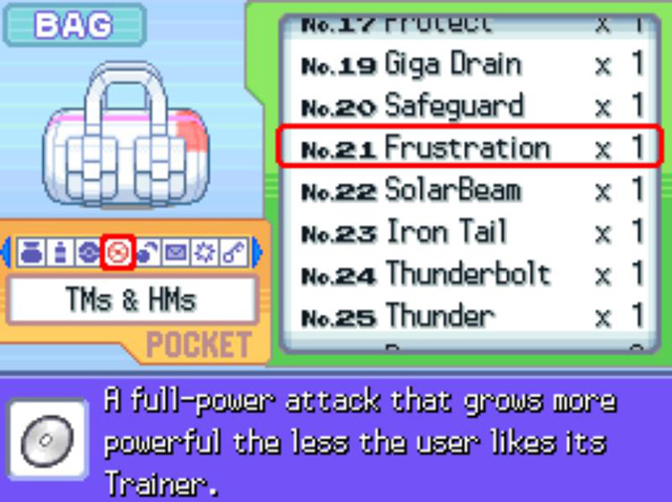In-game description of TM21 Frustration / Pokémon Platinum