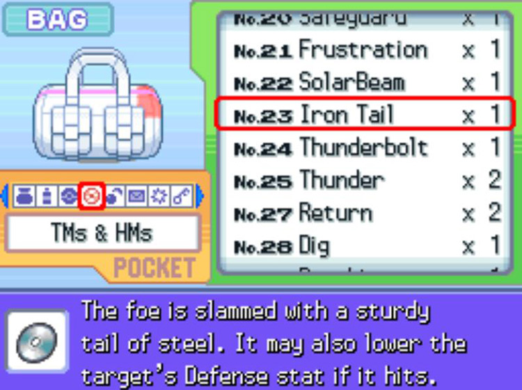 In-game description of TM23 Iron Tail / Pokémon Platinum