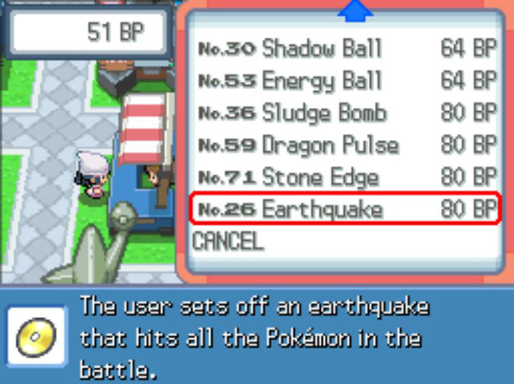 TM26 Earthquake’s listing at the Exchange Service Corner / Pokémon Platinum