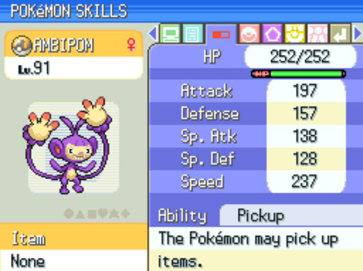 A level 91 Ambipom with Pickup / Pokémon Platinum