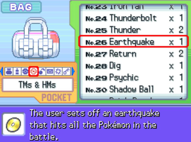 In-game description of TM26 Earthquake / Pokémon Platinum