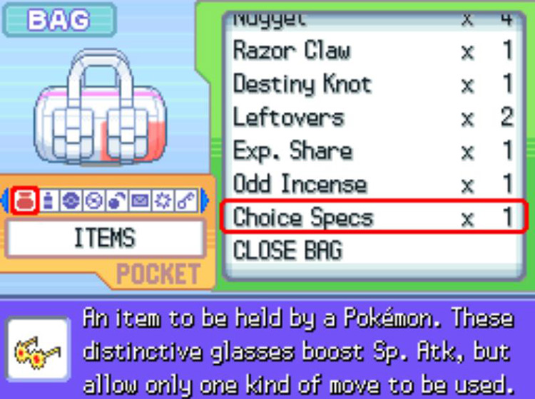 In-game description of the Choice Specs / Pokémon Platinum