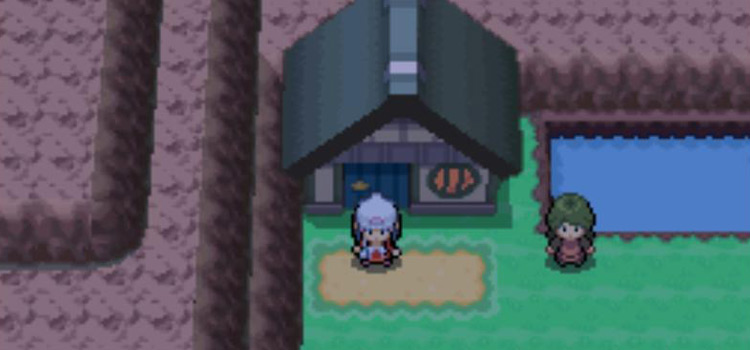 Outside the Celestic Town Shop at nighttime (Pokémon Platinum)