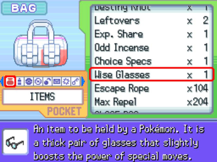 In-game description of the Wise Glasses / Pokémon Platinum
