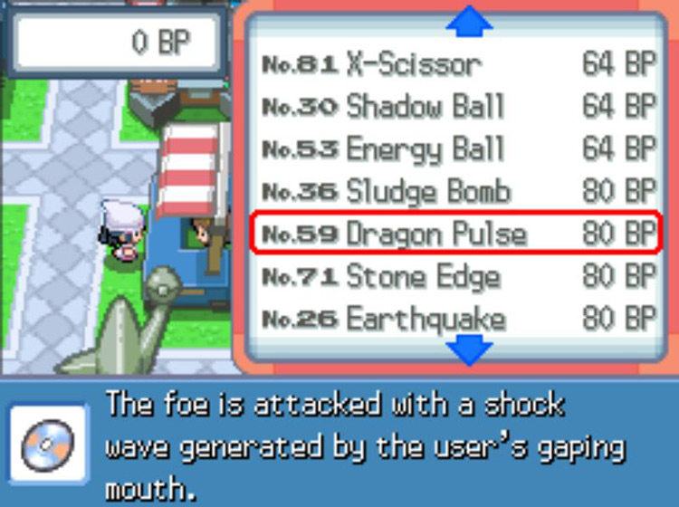 TM59 Dragon Pulse’s listing at the Battle Frontier / Pokémon Platinum