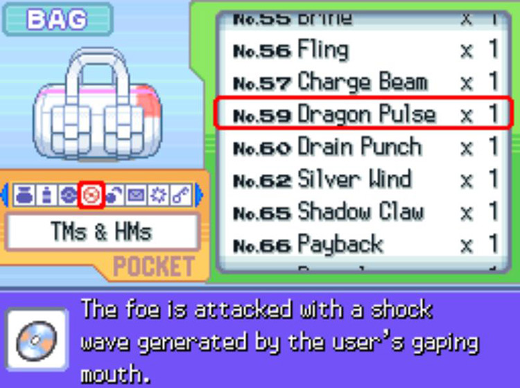In-game description of TM59 Dragon Pulse / Pokémon Platinum