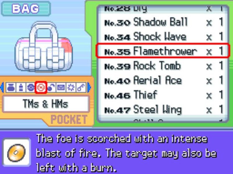 In-game description for TM35 Flamethrower / Pokémon Platinum