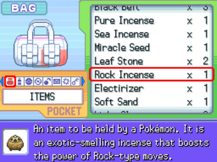 In-game description of the Rock Incense / Pokémon Platinum