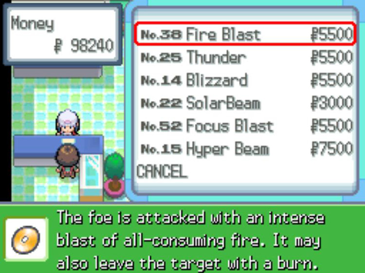 The Veilstone Department Store listing for TM38 Fire Blast. / Pokémon Platinum