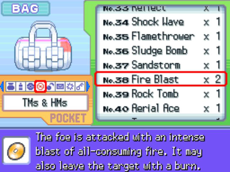 In-game description of TM38 Fire Blast. / Pokémon Platinum