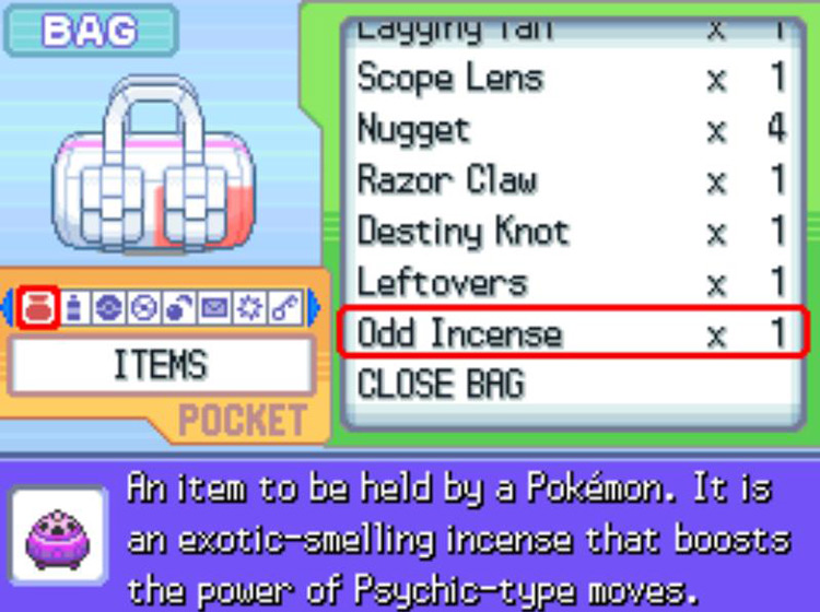 In-game description of the Odd Incense. / Pokémon Platinum