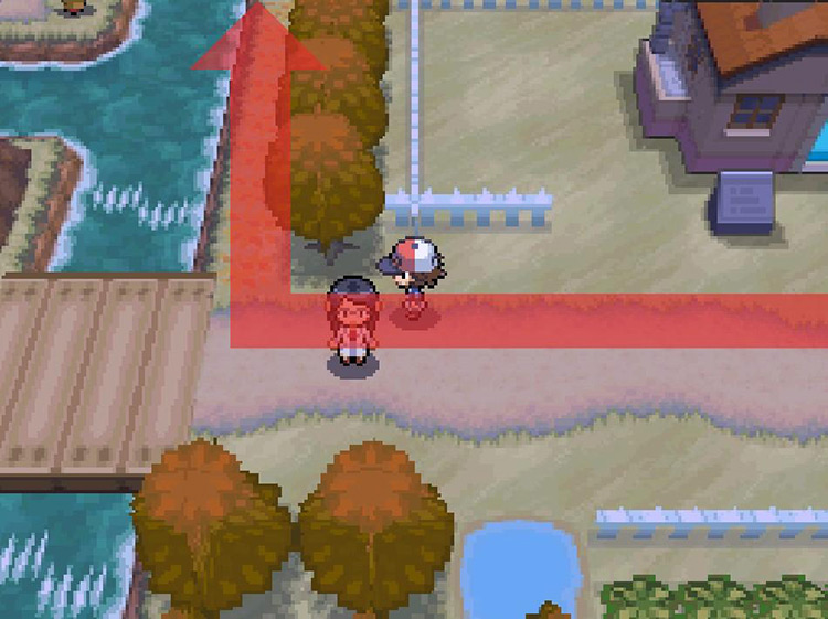 Veer north on the narrow path between the water and trees. / Pokemon BW