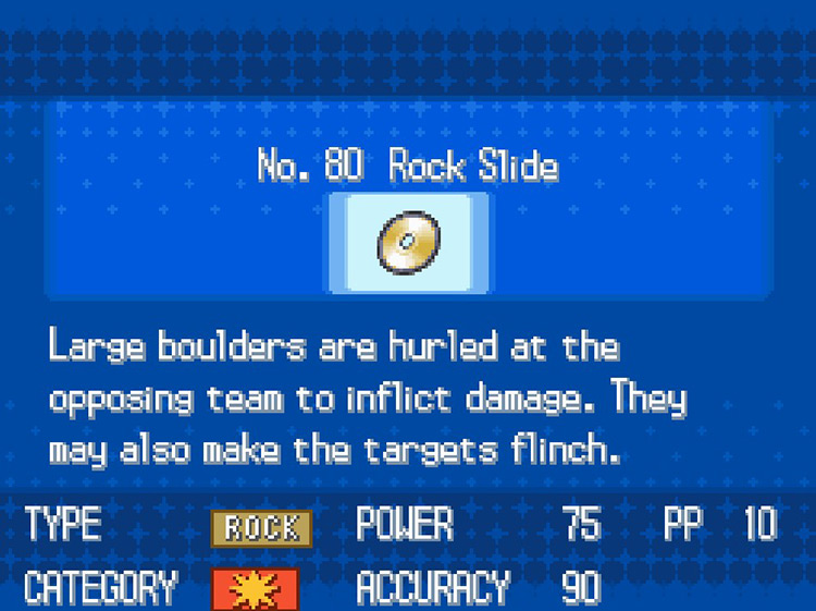 In-game details for TM80 Rock Slide. / Pokemon BW