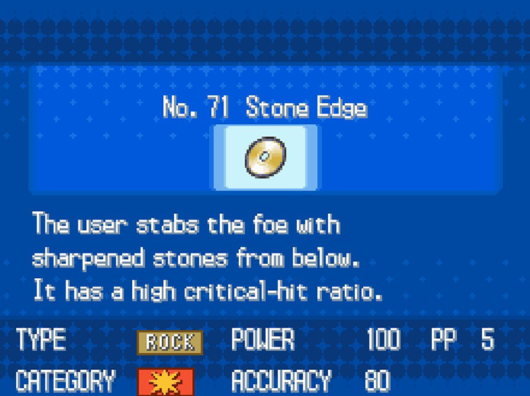 In-game details for TM71 Stone Edge. / Pokemon BW