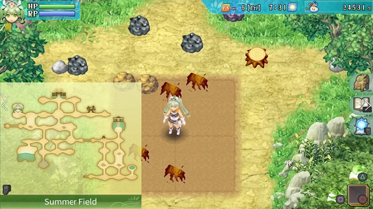 At the Summer Field with the map open / Rune Factory 4