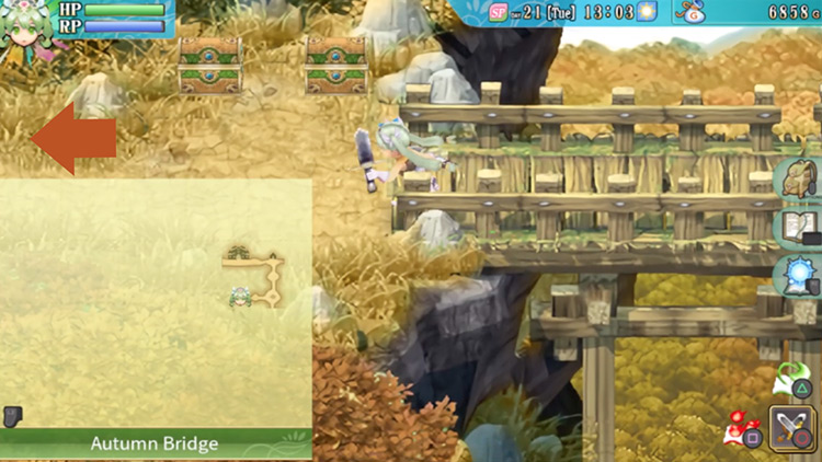 The west end of Autumn Bridge with two treasure chests next to it / Rune Factory 4