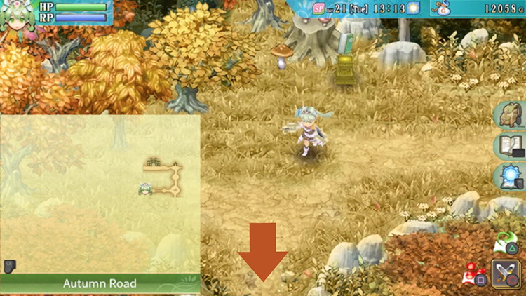 An area in Autumn Road with a journal for saving or teleporting / Rune Factory 4