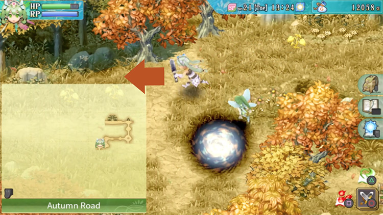 An area in Autumn Road where a row of trees divides the upper and lower sections / Rune Factory 4