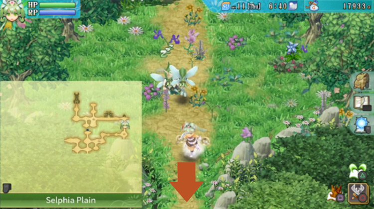 A short path in Selphia Plain with blooming flowers around / Rune Factory 4