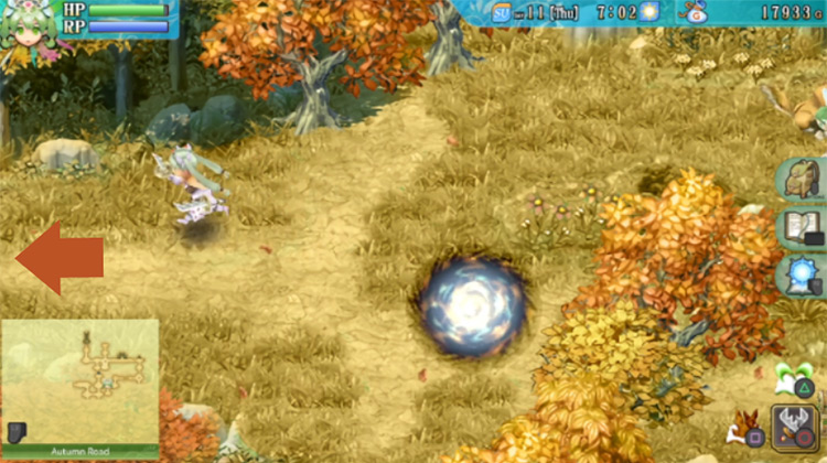 A wide area of Autumn Road split vertically by a row of trees / Rune Factory 4