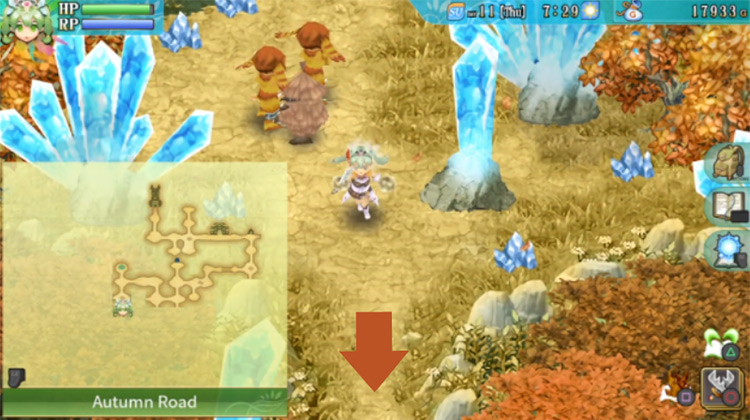A long stretch along Autumn Road with giant crystals around / Rune Factory 4