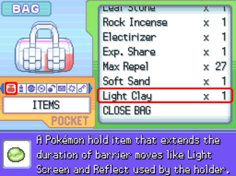 In-game description of Light Clay / Pokémon Platinum