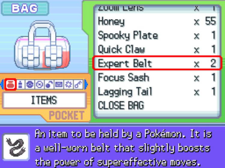 In-game description of the Expert Belt / Pokémon Platinum