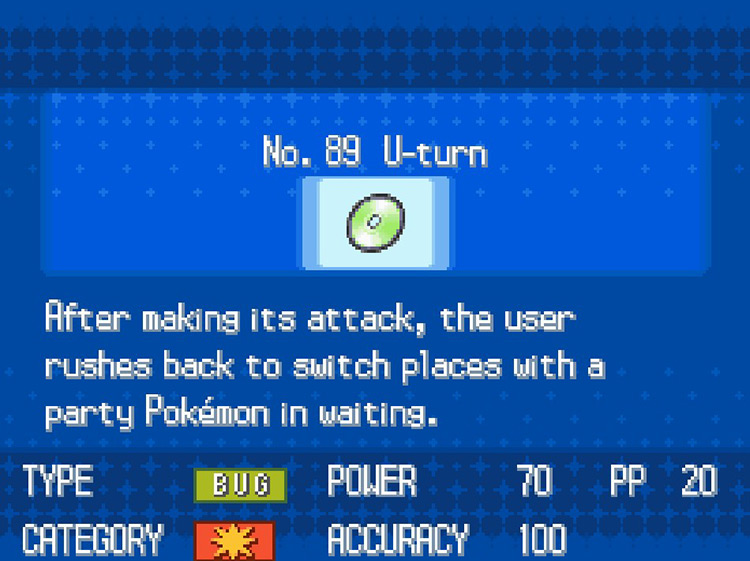 In-game details for TM89 U-turn. / Pokemon BW
