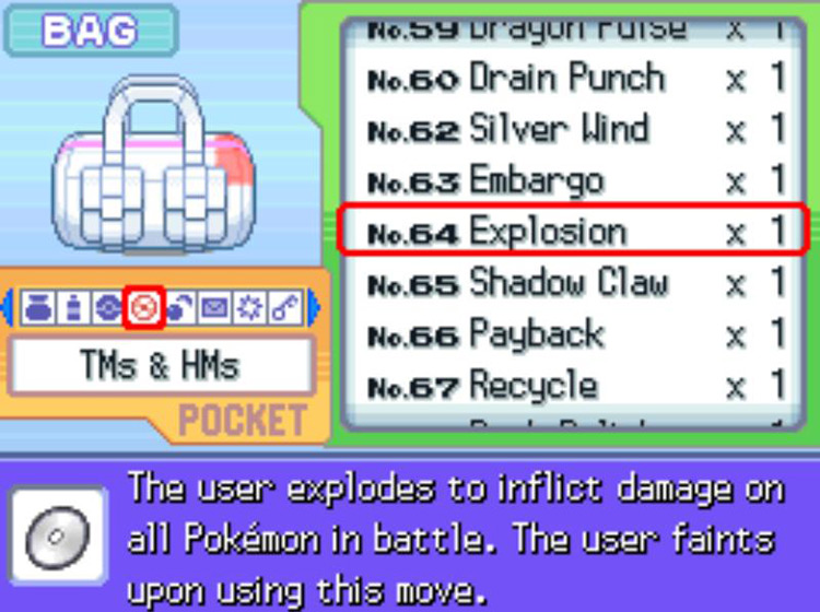 In-game description of TM64 Explosion / Pokémon Platinum