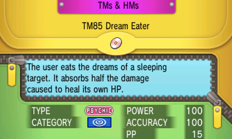 In-game details for TM85 Dream Eater / Pokémon ORAS