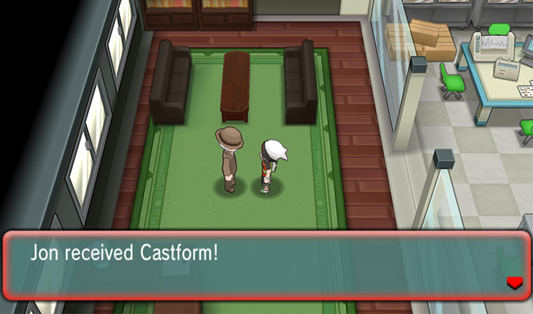 Receiving Castform from one of the researchers in the Weather Institute. / Pokémon Omega Ruby and Alpha Sapphire