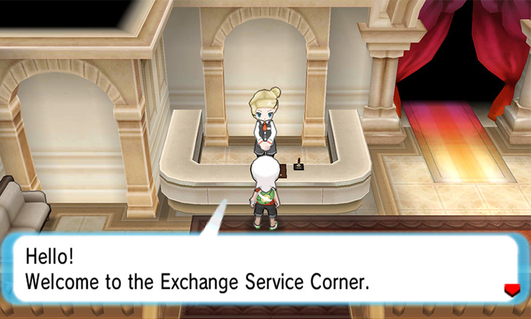 One of the Exchange Service Corners in the Battle Maison. / Pokémon Omega Ruby and Alpha Sapphire