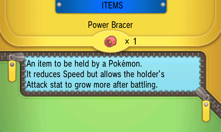 Power Bracer description. / Pokémon Omega Ruby and Alpha Sapphire