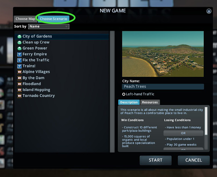 The ‘Choose Scenario’ tab of the New Game screen / Cities: Skylines