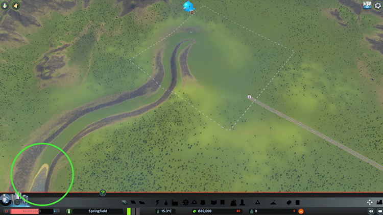 The start of the Floodland map. The water on the bottom left will start moving into your tile very quickly / Cities: Skylines
