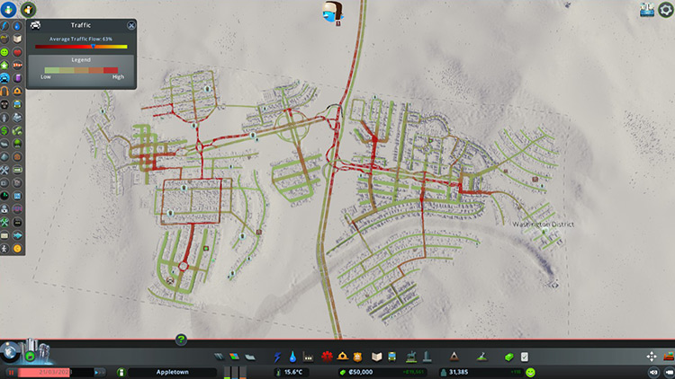 The severe traffic situation at the start of the Fix the Traffic scenario / Cities: Skylines