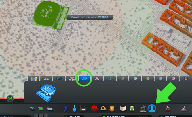 The Football Stadium gets its own tab in the Unique Buildings menu when you have the DLC / Cities: Skylines