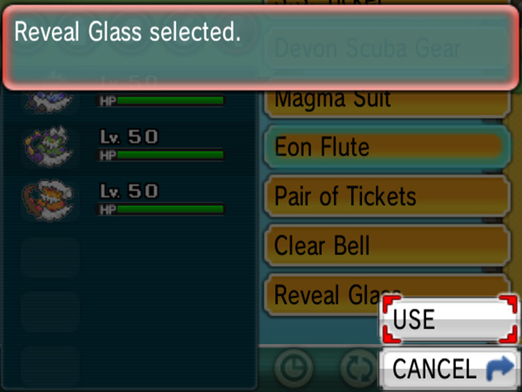 Selecting the Reveal Glass / Pokémon ORAS