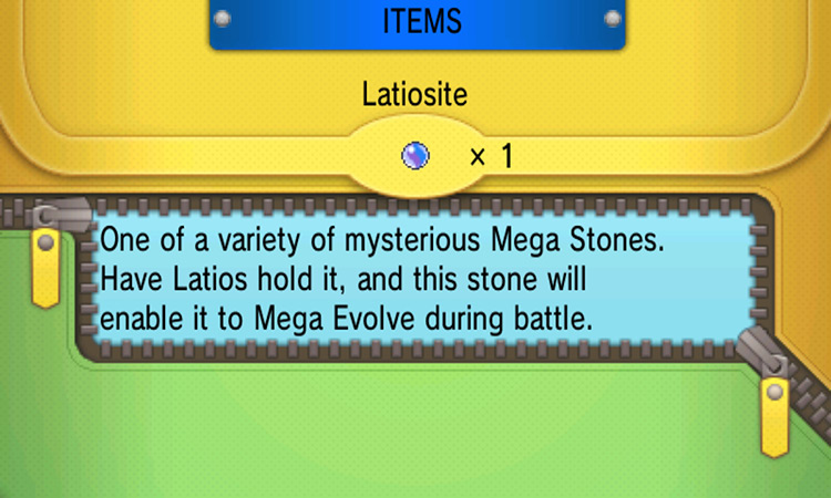 Latiosite’s item description. / Pokémon Omega Ruby and Alpha Sapphire