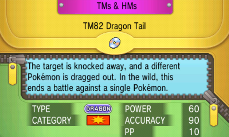 In-game details for TM82 Dragon Tail / Pokémon Omega Ruby and Alpha Sapphire