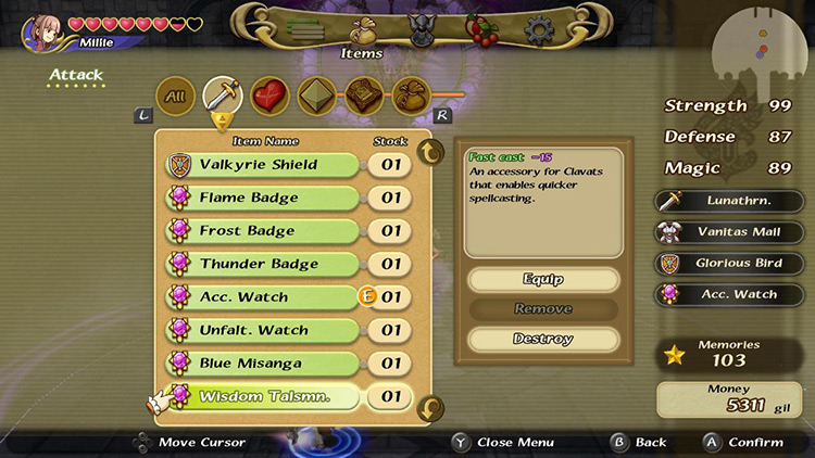 Changing my equipment to maximize stats. / Final Fantasy Crystal Chronicles Remastered