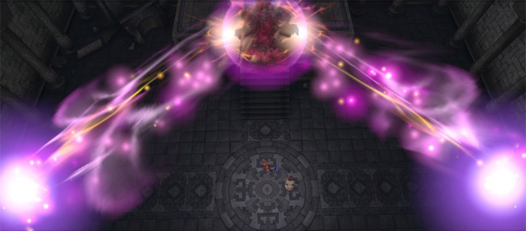 Testament drawing power from the two glowing orbs. / Final Fantasy Crystal Chronicles Remastered