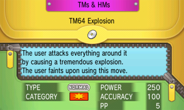 In-game details for TM64 Explosion / Pokémon Omega Ruby and Alpha Sapphire