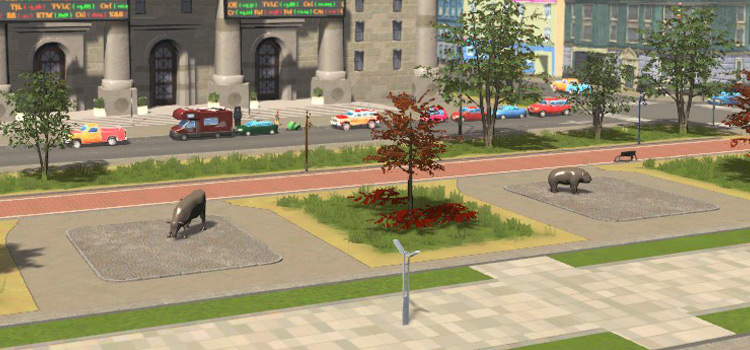 The Bronze Cow & Bronze Panda statues in a city (Cities: Skylines)