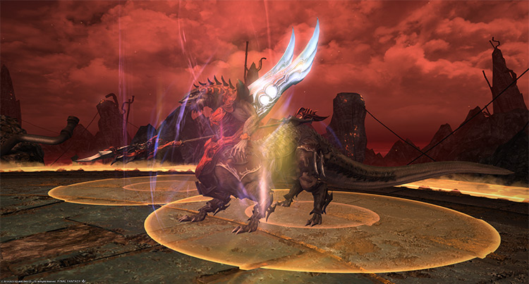 Execrated Wit charging up “Meracydian Meteor“ with “Comet” AoEs on the ground / Final Fantasy XIV