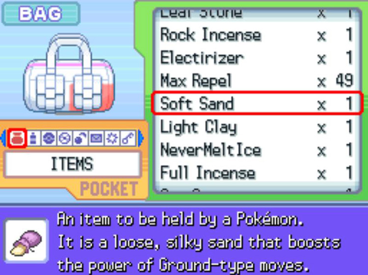 In-game description of Soft Sand / Pokémon Platinum