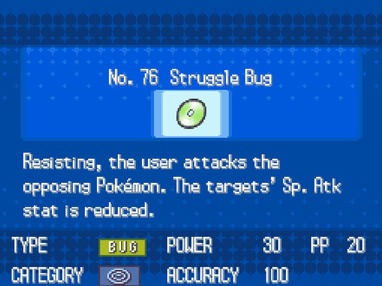 In-game details for TM76 Struggle Bug. / Pokemon BW