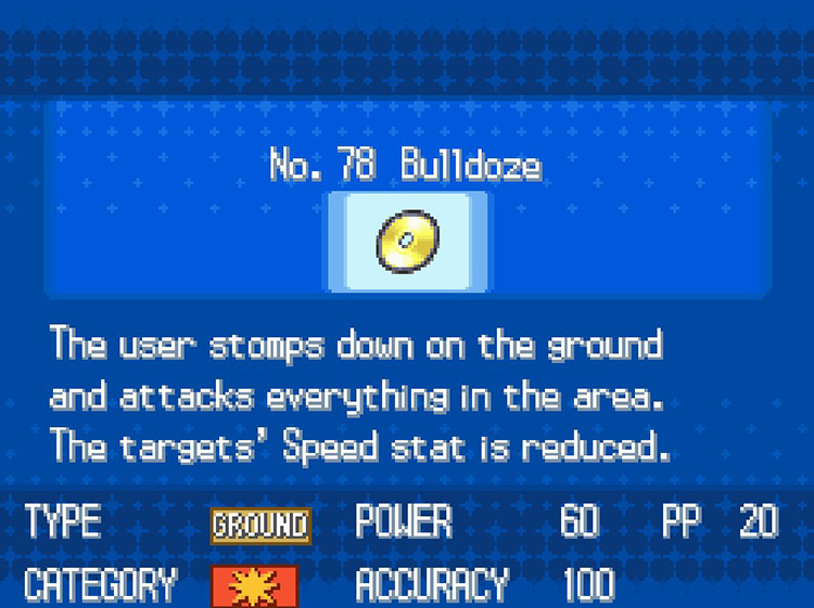In-game details for TM78 Bulldoze. / Pokemon BW