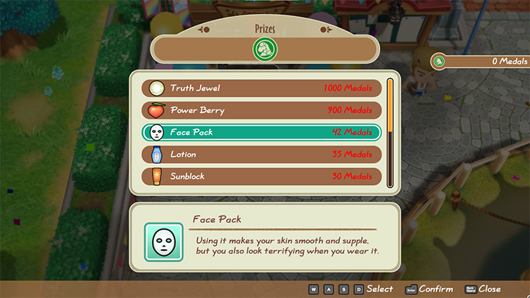 Shop interface of the Derby Prize menu showing the Face Pack. / Story of Seasons: Friends of Mineral Town