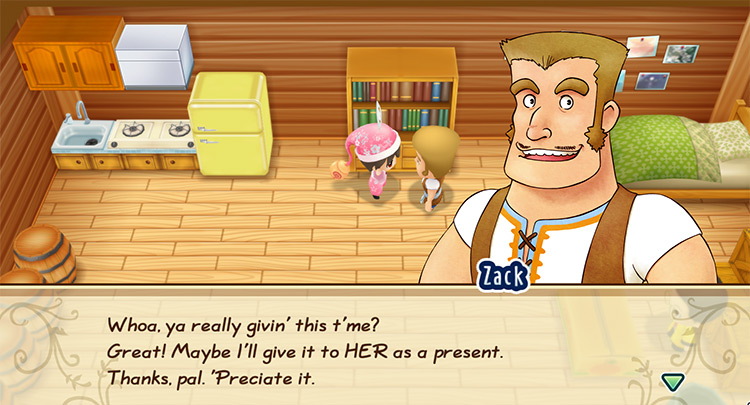 The farmer gives a Face Pack to Zack. / Story of Seasons: Friends of Mineral Town